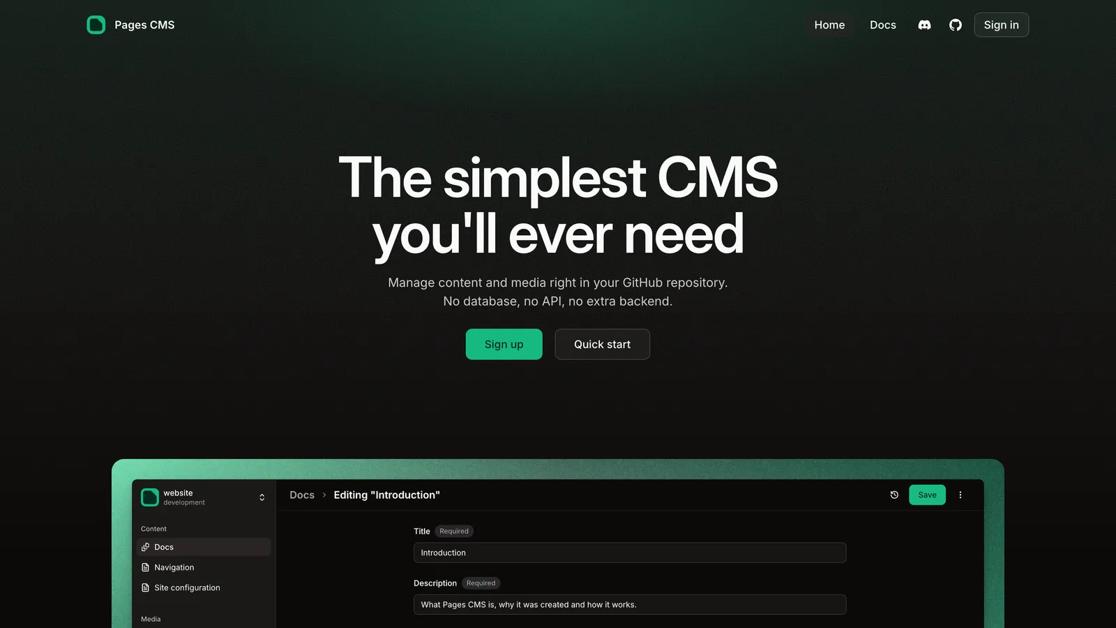 Pages CMS homepage